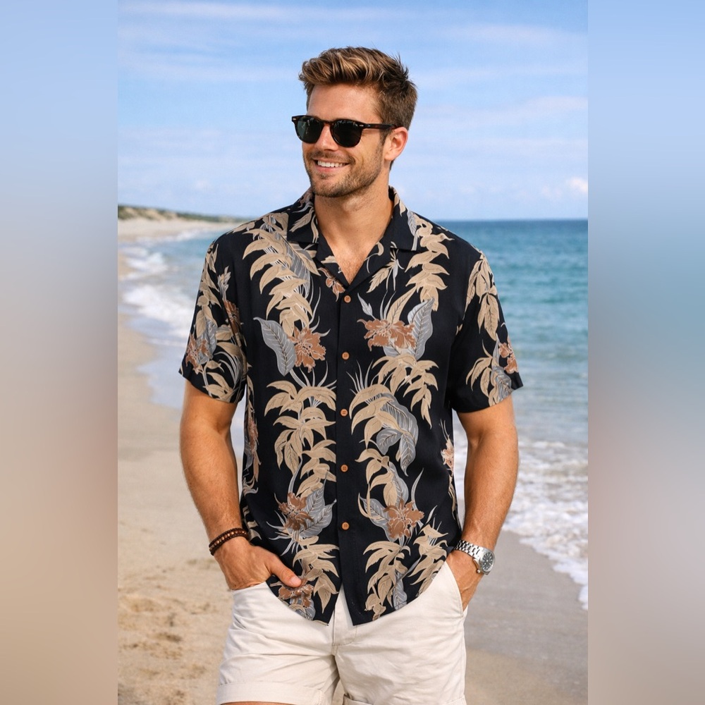 Vintage Hawaiian Shirt Diamond Head Sportswear Size Large Black Tropical Vacay